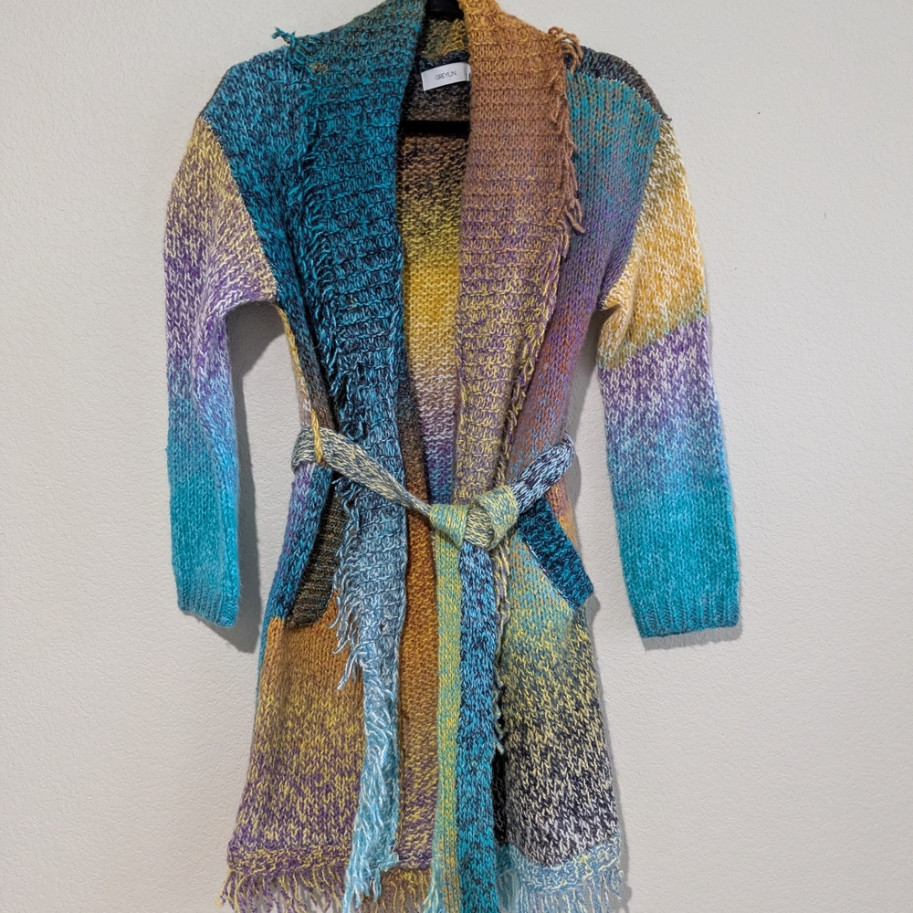 Anthropologie Greylin Oversized Rainbow Knit Fringe Open Front Wrap Sweater S - Picture 6 of 16